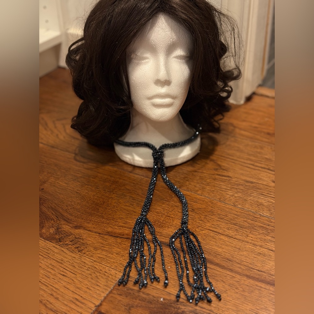 Long Navy Beaded Necklace with Fringe